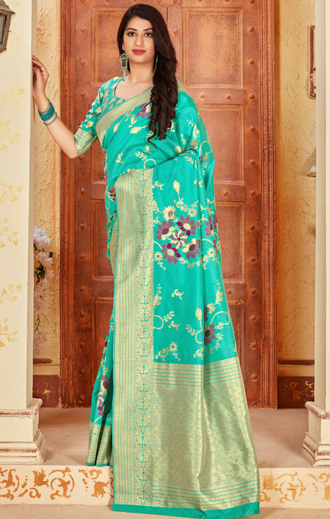 Sensational Sea Green Color Party Wear Soft Banarasi Silk Designer Saree