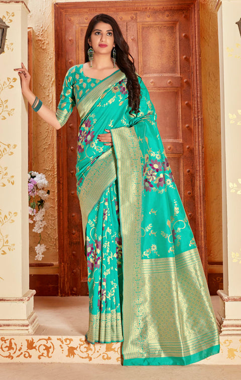 Sensational Sea Green Color Party Wear Soft Banarasi Silk Designer Saree