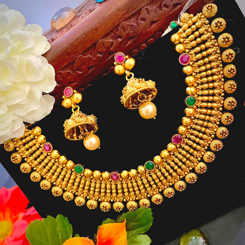 Designer Golden Necklace Studded with Semi-Precious Gemstones (D1009)