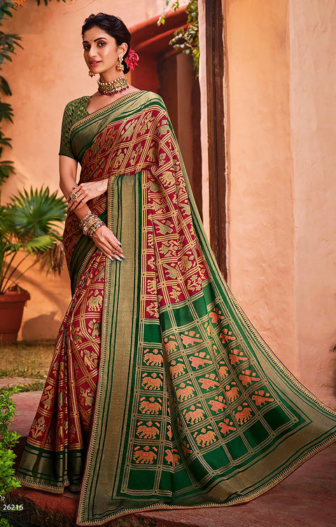 Designer Green/Wine Brasso Printed Saree for Casual Wear (D452)