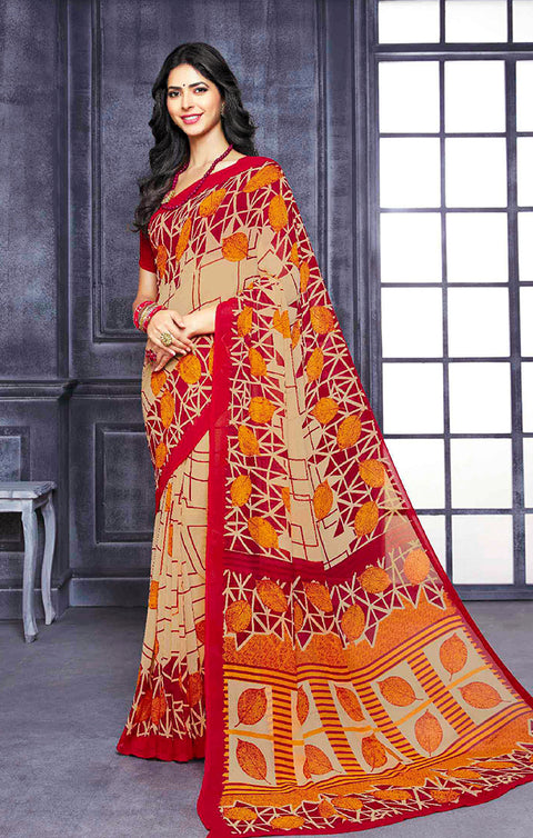 Designer Beige/Red Georgette Printed Saree for Casual Wear (D428)