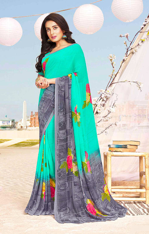 Designer Sea Green Georgette Printed Saree for Casual Wear (D415)