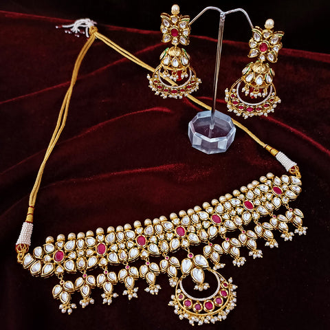 Designer Gold Plated Multi Layer Royal Kundan & Ruby Necklace with Earrings (D262)