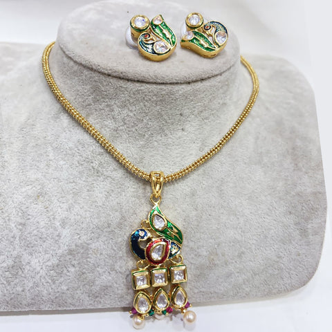 Peacock Designer Gold Plated Kundan Pendant Set with Earrings