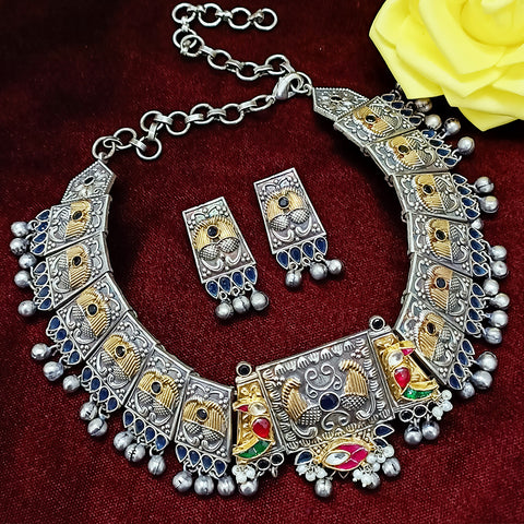 Designer Silver Oxidized & Gold Enameled Blue Beaded Necklace Set (D269)