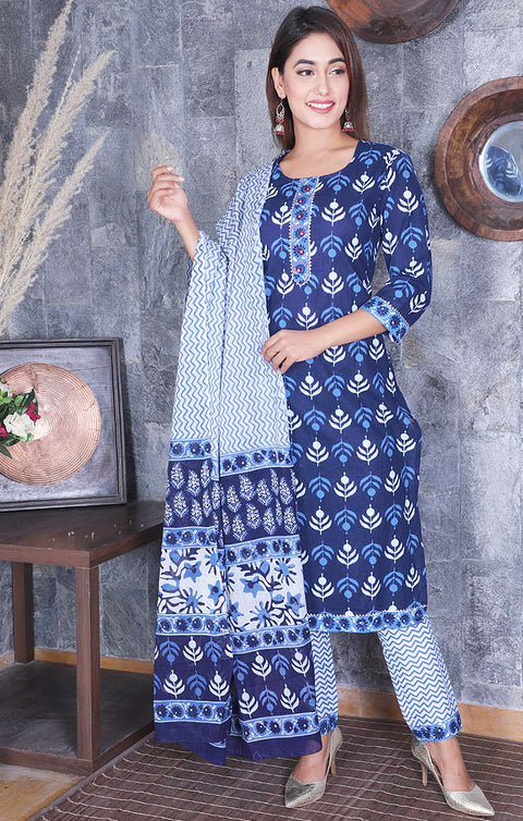 Intricate Navy Blue Designer Kurti, Pant with Dupatta For Ethnic Wear (K340) - PAAIE