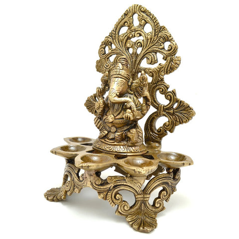 Brass Panchdeep Ganesha Carving Diya, Indian Decor Diya, Pooja Decor, Brass Oil Lamp (Design 40)