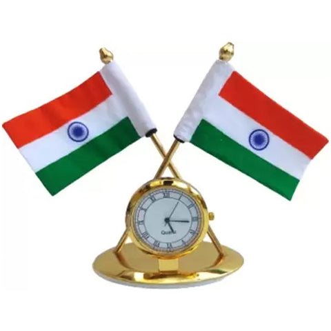 Indian Flag with Quartz Watch for Car Dashboard Exterior Accessories Compatible with All Car Models (D31)