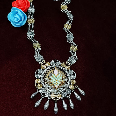 Designer Silver Oxidized & Gold Enameled Necklace Set (D268)