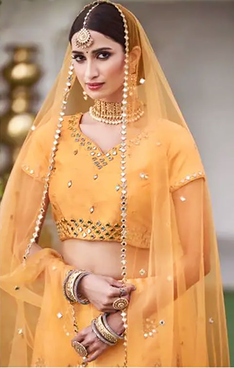 Designer Bridal Heritage Beautiful Yellow Heavy Mirror Work Lehenga Choli (D92)