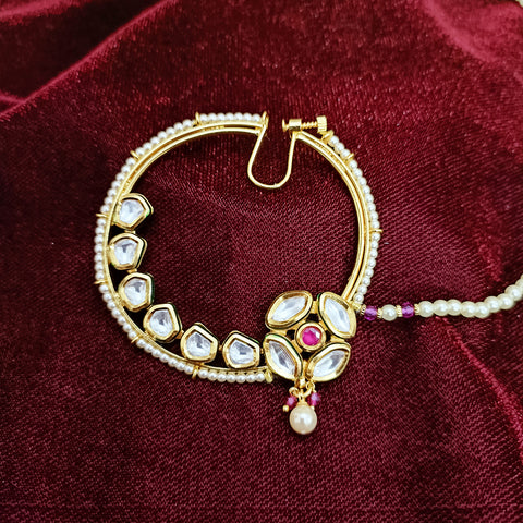 Gold Plated Royal Kundan Studded Nose Ring with Chain - NATH (Design 17)