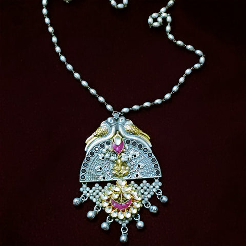 Designer Silver Oxidized & Blue Beaded Long Necklace Set (D266)