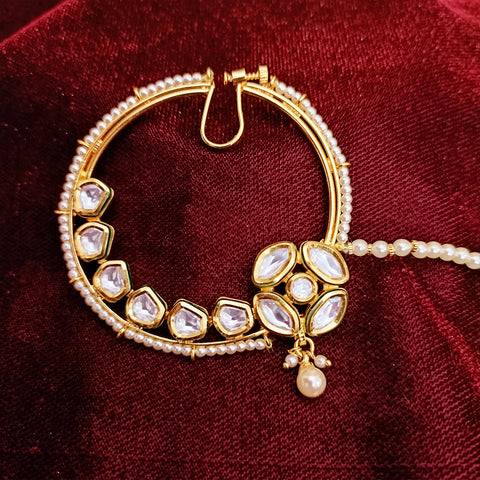 Gold Plated Royal Kundan Studded Nose Ring with Chain - NATH (Design 18)