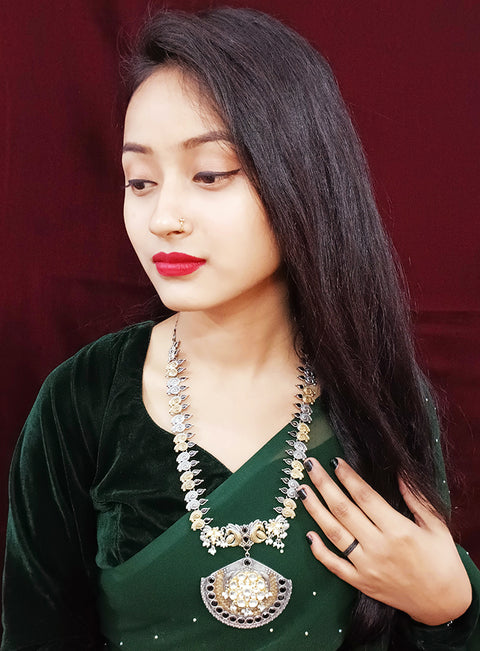 Designer Silver Oxidized & Gold Enameled Necklace Set (D271)