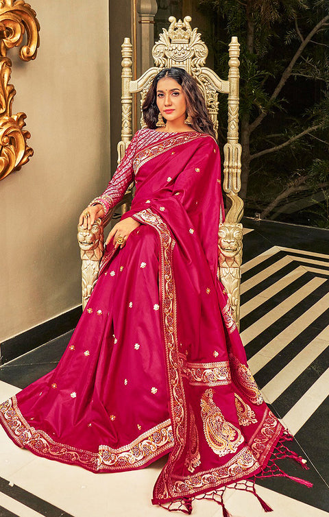 Delightful Mahroon Color Party Wear Banarasi Silk Designer Saree - PAAIE