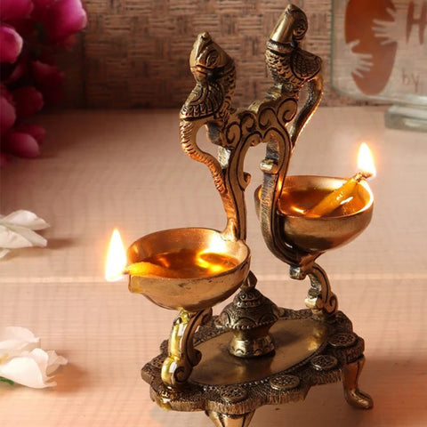 Ethnic Peacock Design Twin Oil Wick Brass Diya, Indian Decor Diya, Pooja Decor, Brass Oil Lamp, Handmade Lamp, Indian Homeware, Indian Art (Design 44)