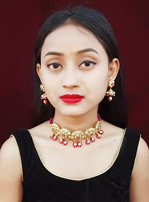 Designer Gold Plated Single Layer Royal Kundan & Ruby Necklace with Earrings (D237)