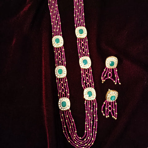 Designer Royal Kundan & Green Bead Long Necklace with Earrings (D250)