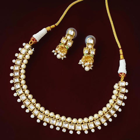 Designer Gold Plated Single Layer Royal Kundan Necklace with Earrings (D295)