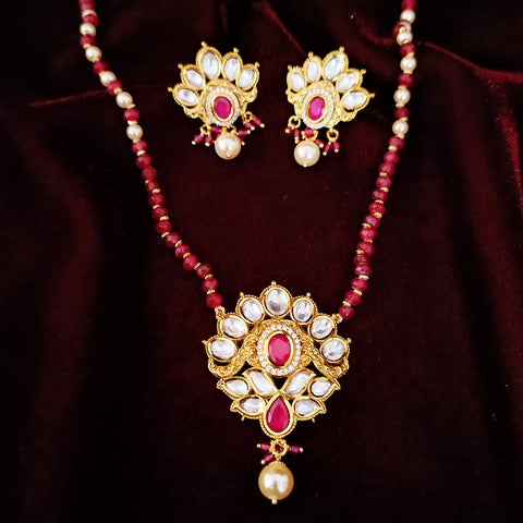 Designer Gold Plated Royal Kundan Pendant with Red & White Beaded Chain Set (D248)