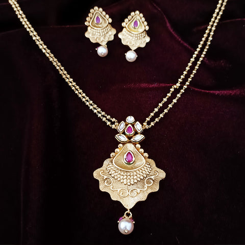 Designer Gold Plated Royal Kundan Ruby Pendant Set (D241)