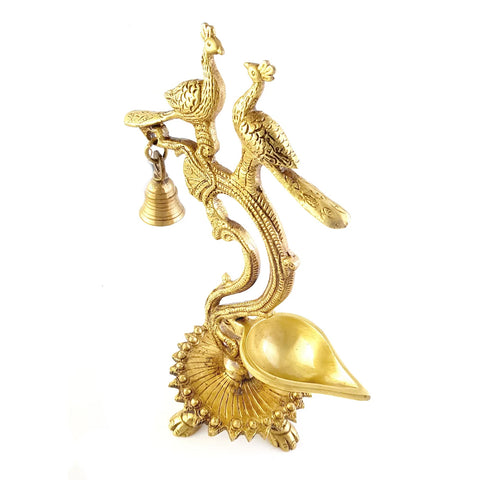 Ethnic Carved Twin Peacock Over Brass Diya, Indian Decor Diya, Brass Oil Lamp, Indian Houseware, Brass Decorative Diyas (Design 54)