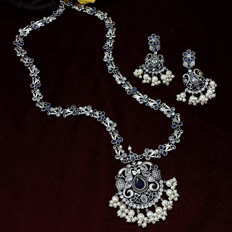 Designer Silver Oxidized & Blue Beaded Long Necklace Set (D270)
