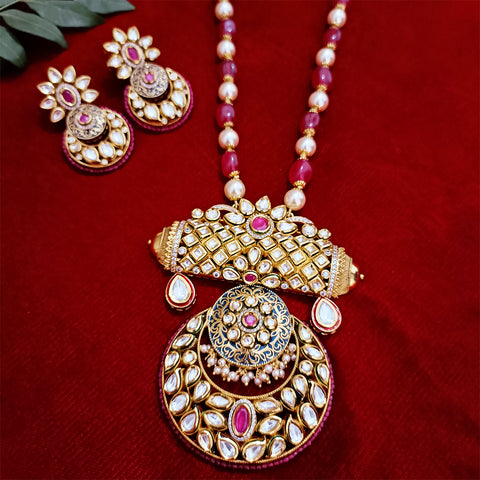Designer Gold Plated Royal Kundan Pendant with Red & White Beaded Chain Set (D243)