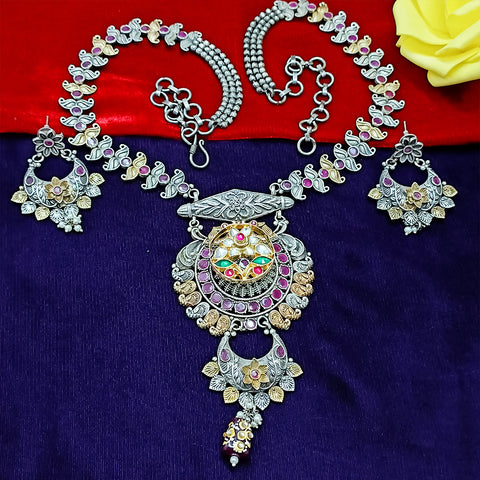 Designer Silver Oxidized & Gold Enameled Necklace Set (D272)