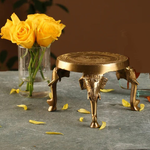 Brass Elephant Pillars Design Pooja Chowki, Brass Pooja Chowki for Home Temple, Chowki for God (Design 49)