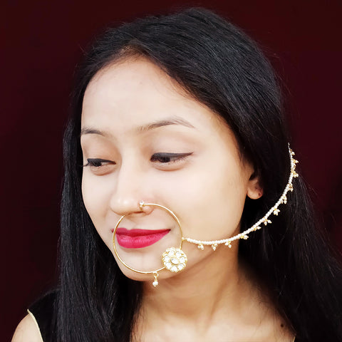 Gold Plated Royal Kundan Studded Nose Ring with Chain - NATH (Design 1)