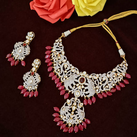 Designer Semi-Precious American Diamond Necklace with Earrings (D289)