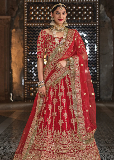 Designer Heritage Red Heavy Embroidered Bridal Velvet Lehenga Choli (D190)