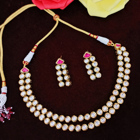 Designer Gold Plated Two Layer Royal Kundan Ruby Necklace with Earrings (D296)