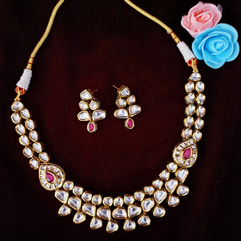 Designer Gold Plated Two Layer Royal Kundan & Ruby Necklace with Earrings (D251)