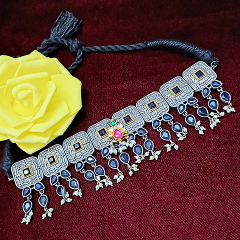Designer Silver Oxidized & Blue Beaded Necklace Set (D267)