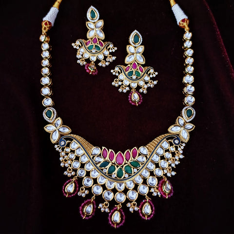 Designer Gold Plated Two Layer Royal Kundan, Ruby & Green Bead Necklace with Earrings (D252)