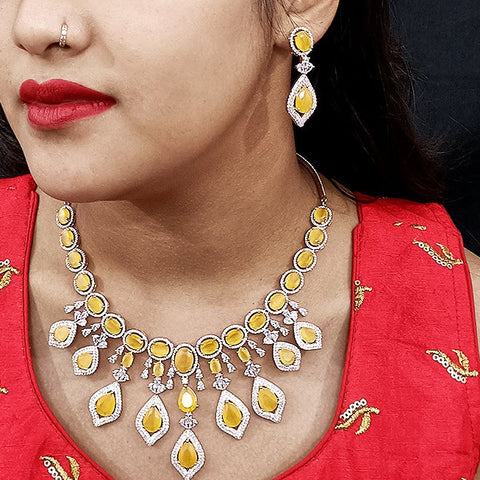 Yellow Color American Diamond Necklace with Earrings (D130)
