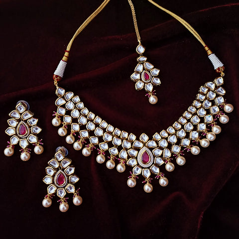 Designer Gold Plated Three Layer Royal Kundan & Pearl Necklace with Earrings (D261)