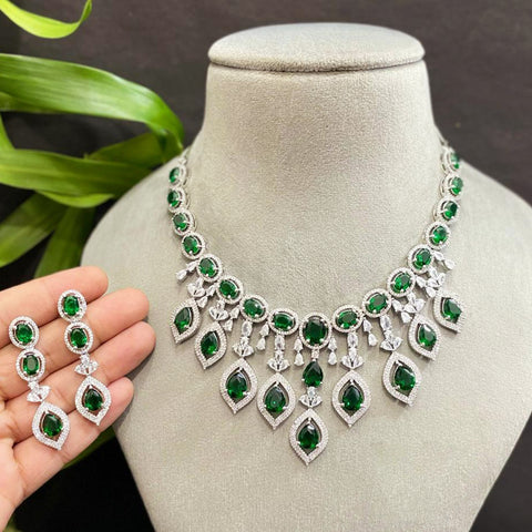 Designer Semi-Precious American Diamond & Green Emerald Necklace with Earrings (D309)