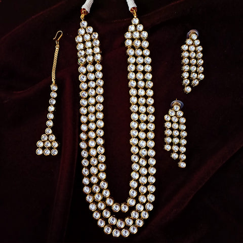 Designer Gold Plated Three Layer Royal Kundan Long Necklace with Earrings (D263)