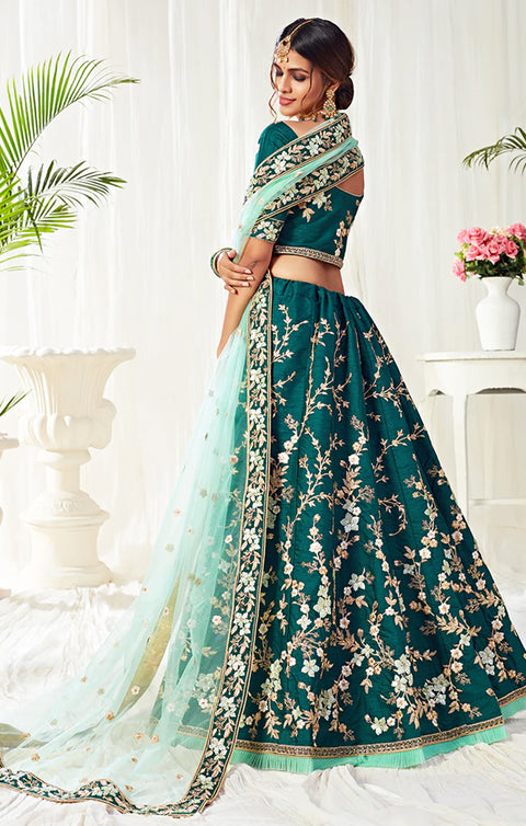 Designer Engagement Dark Green And Mint Embroidered Silk Lehenga Choli (D21)