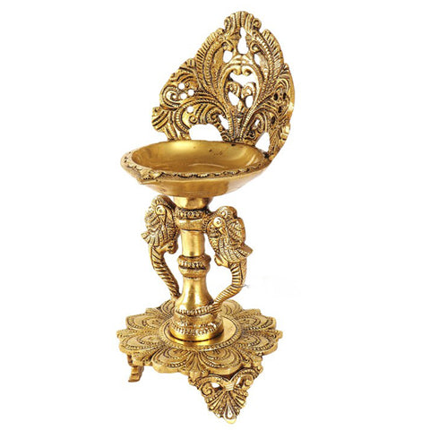 Ethnic Twin Peacock Design 9 Inches Brass Oil Diya with Base, Temple Decor, Home Decor Oil Diya Lamp, Indian Handicraft Diya, Handmade Lamp (Design 51)