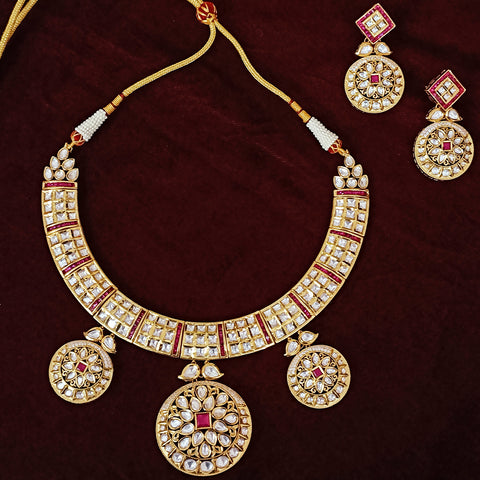 Bridal Designer Gold Plated Royal Kundan & Ruby Necklace with Earrings (D299)