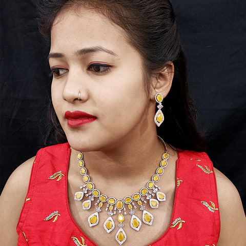 Yellow Color American Diamond Necklace with Earrings (D130) - PAAIE