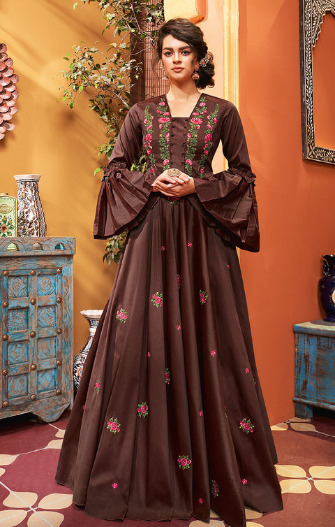 Bewitching Brown Gown with Embroidery Work In Modern Style (K388) - PAAIE