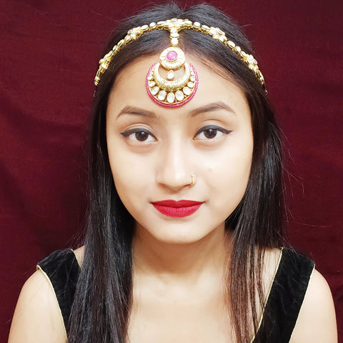 Designer Gold Plated Royal Kundan & Ruby Sheesh Phool / Matha Patti for Bridal (D19)