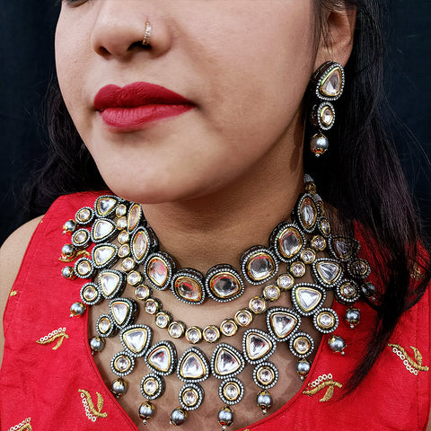 Designer Oxidized Gold Plated White Kundan Set (D121) - PAAIE