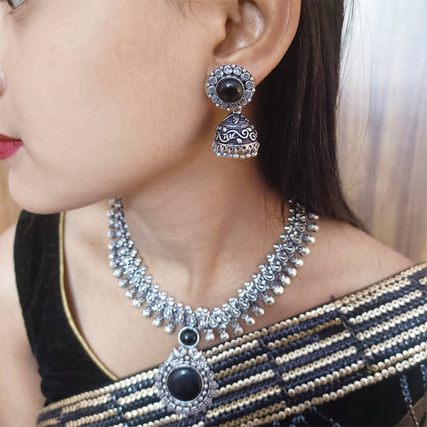 Designer Silver Oxidized & Black Color Beaded Necklace Set (D275)