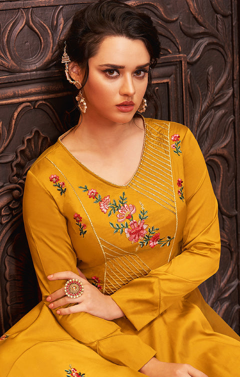 Vibrant Yellow Gown with Embroidery Work In Modern Style (K384) - PAAIE
